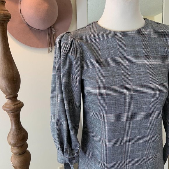 H&M Plaid Gingham Picnic Mini Dress Balloon Sleeve - Picture 2 of 10